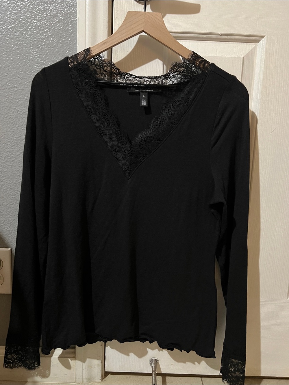 White House Black Market Black Lace-Trim V-Neck Long Sleeve Tee